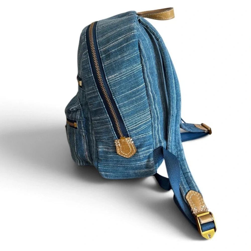 Frye Ivy Mini Backpack Denim Blue Woven Denim Leather Trim Striped Bag